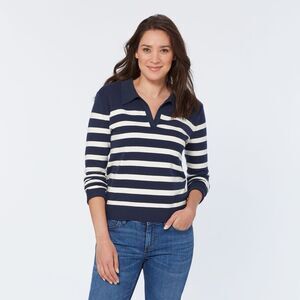 Duluth Shiftless Crewneck Collared Striped Sweater Women’s XL Navy Cream